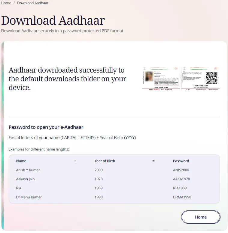Aadhaar downloaded successfully to the default downloads folder on your device.